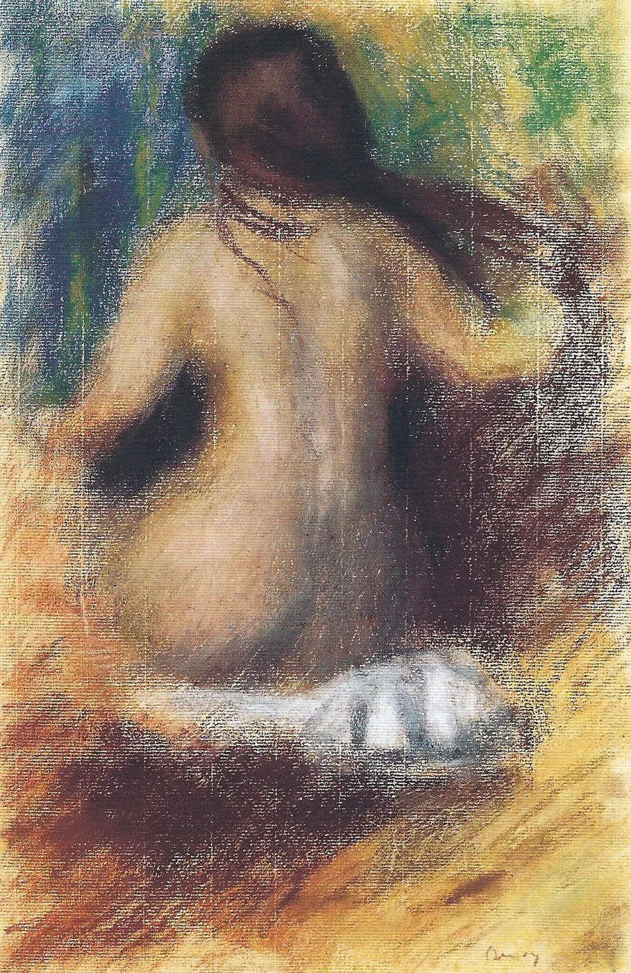 A pastel nude woman is seen from behind with dark hair, one arm raised, in warm ochre and green tones.