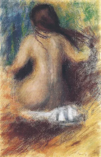 A pastel nude woman is seen from behind with dark hair, one arm raised, in warm ochre and green tones.