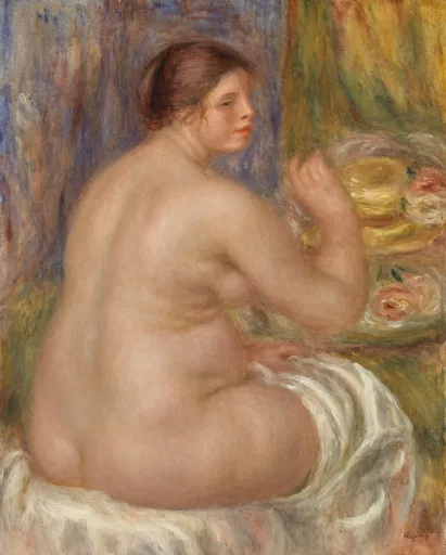 A nude woman seated from behind glances over her shoulder, reaching toward a bowl of roses on a table.