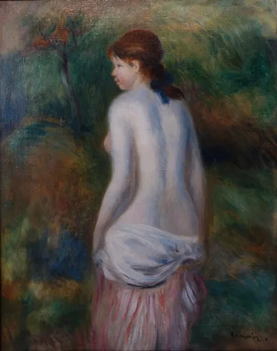 A woman with reddish hair tied by a blue ribbon stands bare-backed, her blouse pulled to her waist, in a green wood.