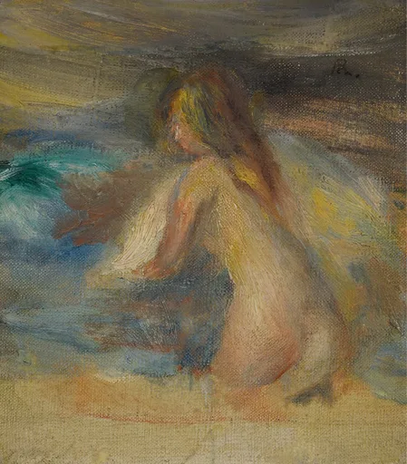 A nude woman with long red-blond hair crouches at the water's edge, teal-blue waves nearby, loosely sketched.
