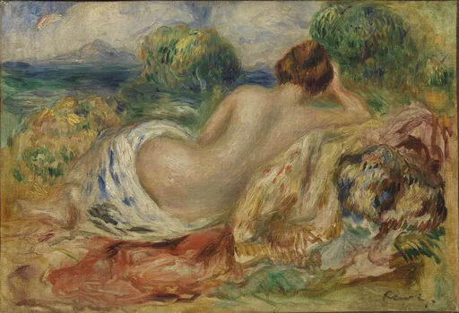 A nude woman seated from behind, arm raised behind her head, overlooks a blue sea beyond green shrubs.