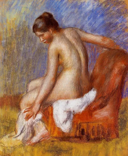 A pastel nude woman perches on a red armchair, reaching down toward white cloth, against a blue background.