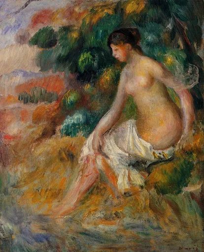 A nude woman with dark hair sits with white cloth wrapped at her hips amid lush green foliage.