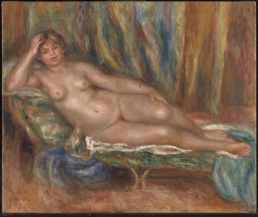 A blond nude woman reclines full-length on a couch, one hand resting on her head, against a striped curtain.