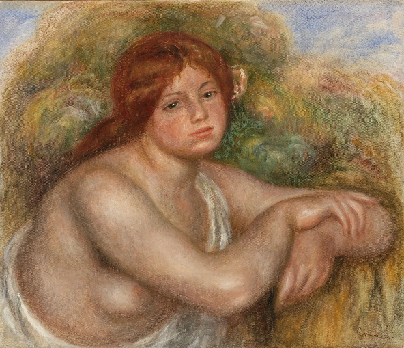 A red-haired nude bust with a flower in her hair rests her arm forward, white cloth draped low, against green and blue.