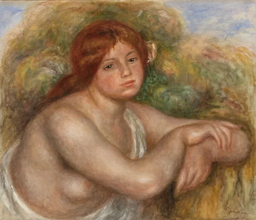 A red-haired nude bust with a flower in her hair rests her arm forward, white cloth draped low, against green and blue.