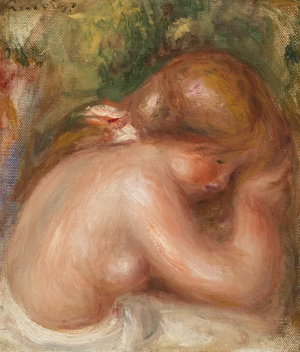 A close-up nude torso shows a head bent forward resting on crossed arms, a red ribbon in golden hair, against green foliage.