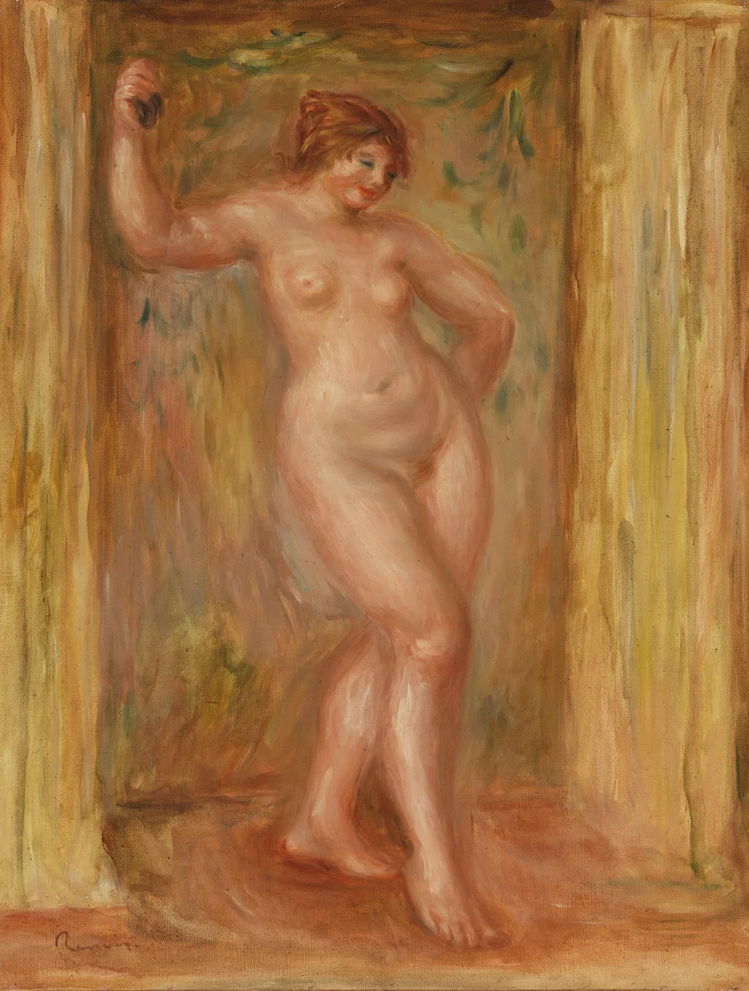 A standing nude dancer with red hair raises one arm holding a castanet, her other hand on her hip, against gold.