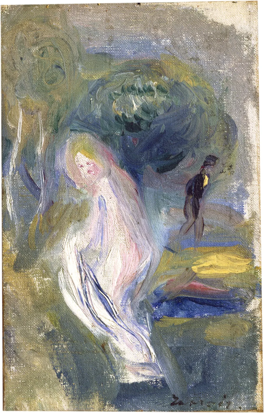 A pale figure in a flowing white and pink robe stands amid loose blue-green brushwork, a man in dark clothing walking beyond.