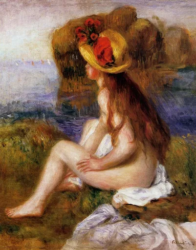 A nude woman with long red hair sits by the sea wearing a straw hat trimmed with red roses, white cloth beside her.