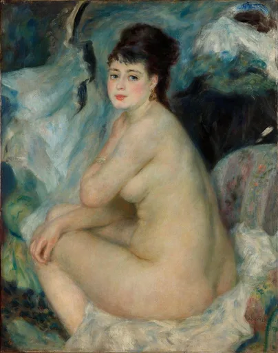 A seated nude woman with dark upswept hair turning to look over her shoulder against draped blue fabric, in pale flesh tones and soft blue