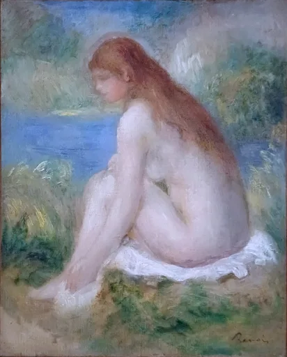 A seated nude woman with long auburn hair, seen in profile with knees drawn up, rests on white drapery beside a blue lakeshore.