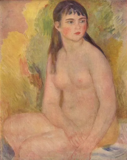 A seated nude young woman with long dark hair and bangs, hands clasped, in soft pink flesh tones against gold