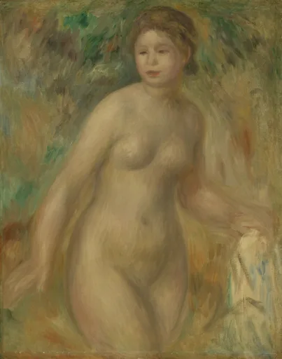 A standing nude woman with auburn hair rests her hand on a pale support, against a wooded green background.