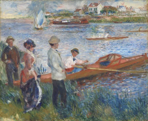 Two men and a woman in a straw hat stand by the riverbank at Chatou watching a young man row an orange boat, with sailboats and houses across the blue water