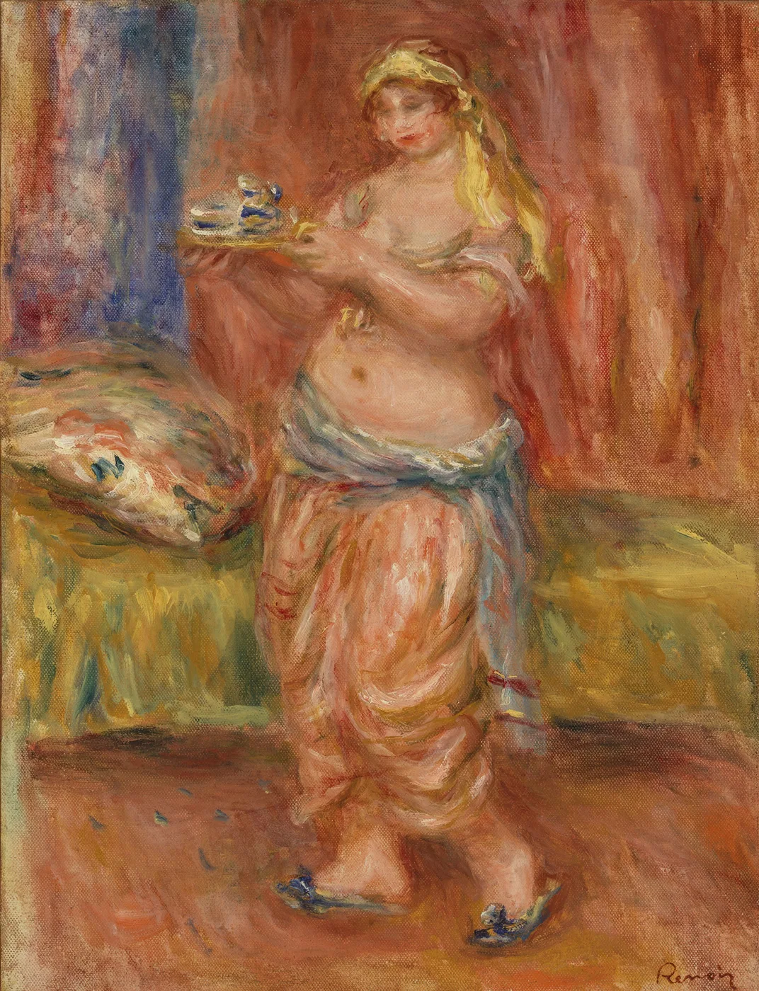 A bare-chested blond woman in draped pink and blue trousers carries a tray with a blue and white tea set, against red.