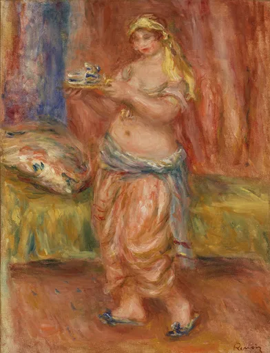 A bare-chested blond woman in draped pink and blue trousers carries a tray with a blue and white tea set, against red.