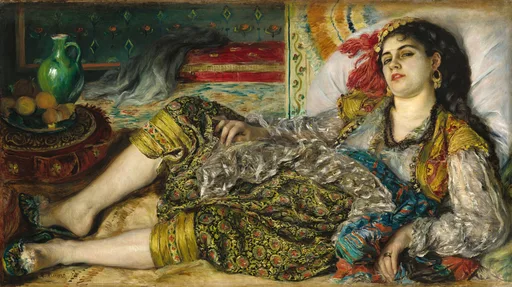 A reclining woman in an ornate embroidered robe and red headscarf, lounging on cushions beside a bowl of fruit, in gold, teal, and red hues