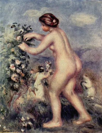 A nude woman picks roses from a flowering bush, a small clothed girl beside her holding blossoms, under a blue-grey sky.