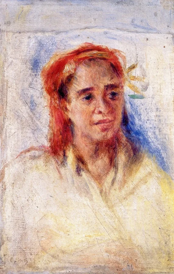 A weathered woman's face with a reddish head covering and pale robe, sketched thinly against a soft blue ground