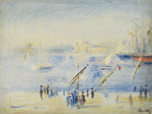 A misty harbour scene in pale blue and gold, with sailboat masts, moored ships, and small figures strolling along the quay.