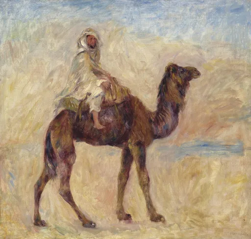 A robed rider in a white headscarf sits atop a camel crossing a sunlit desert landscape