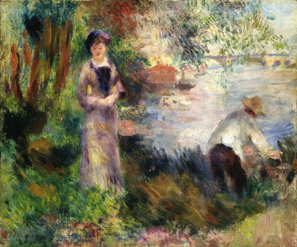 A woman in a lavender dress stands on a riverbank while a man in a straw hat crouches by the water, a bridge visible beyond.