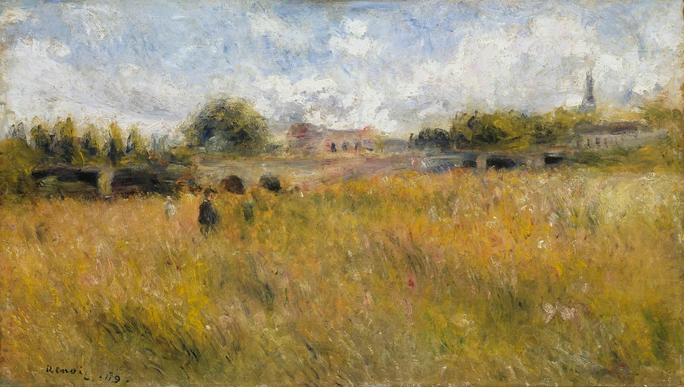 A sweeping riverside meadow of tall golden grass with tiny figures walking and a village church spire in the distance, in warm yellow, green, and pale blue.