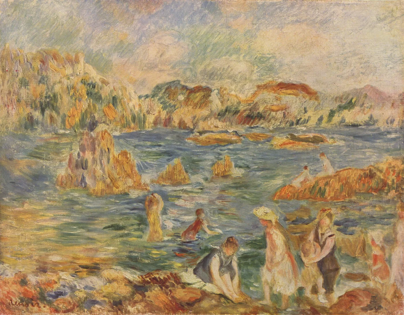 Figures wading and gathering on a rocky beach with cliffs framing a bay, in turquoise, gold, and coral