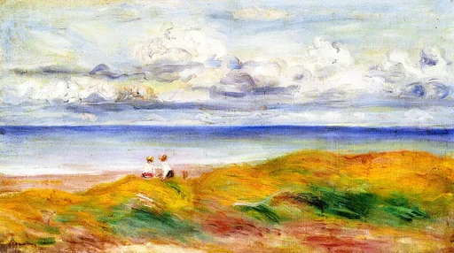 Two tiny figures on a grassy clifftop overlooking the sea under a cloudy sky, in gold, blue, and white