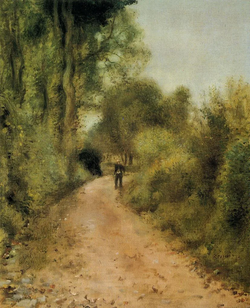 A lone figure walking a sandy path through overhanging trees, in green, ochre, and pale grey