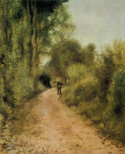 A lone figure walking a sandy path through overhanging trees, in green, ochre, and pale grey