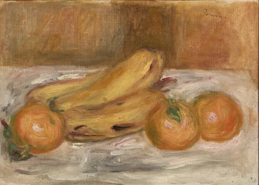 Bananas and three oranges rest on a white cloth against a warm brown background.