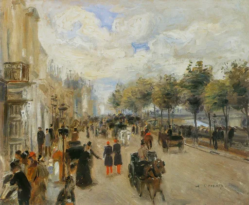 A busy Parisian street scene shows horse-drawn carriages and pedestrians beneath trees lining the boulevard.