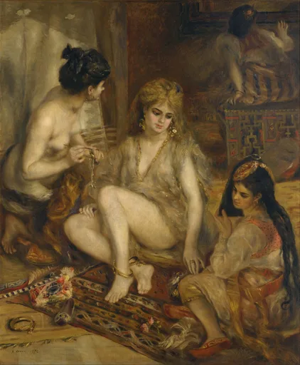 Three women in Algerian dress and jewelry gathered on a patterned rug in a harem interior, in warm gold, cream, and dark brown