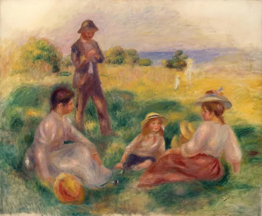 A family gathers in a grassy field near the sea, women in white and red, children in straw hats, a man standing nearby.