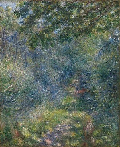 A dense green forest path is dappled with light, a small distant figure in red glimpsed among deep blue-green shadows.