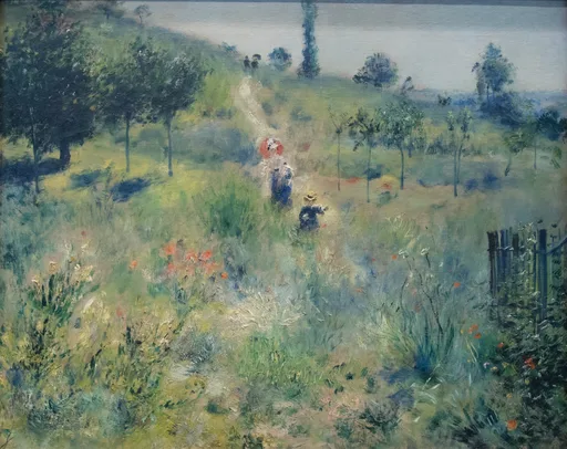 Small figures with a red parasol walking a grassy path through tall wildflowers on a hillside, in vivid green and touches of red