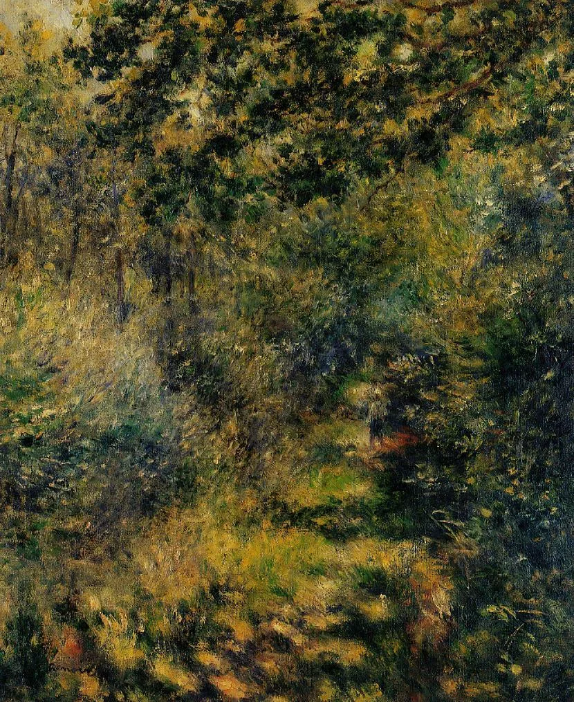 A shadowy woodland path glimpsed between thick trees and undergrowth, in dark green with scattered golden light