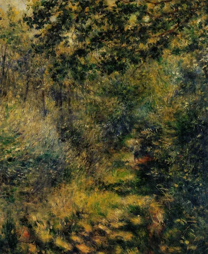 A shadowy woodland path glimpsed between thick trees and undergrowth, in dark green with scattered golden light