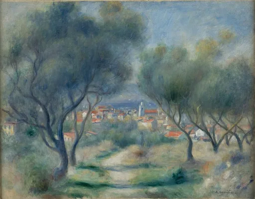 Gnarled olive trees frame a view of a red-roofed village with a church tower, beneath a blue-grey sky.