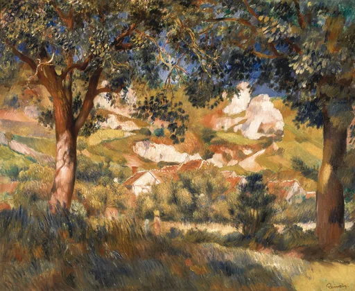 Two large trees frame a view of white cliffs above a village of red-roofed houses beneath a blue sky.