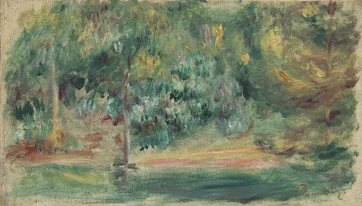 Dense green and gold foliage overhangs a sunlit clearing above a warm rust-toned path.
