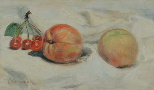 A stem of cherries lies beside two peaches on a white cloth against a pale background.