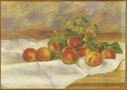 A cluster of red-orange peaches with green leafy branches rests on a white cloth against a warm gold background.