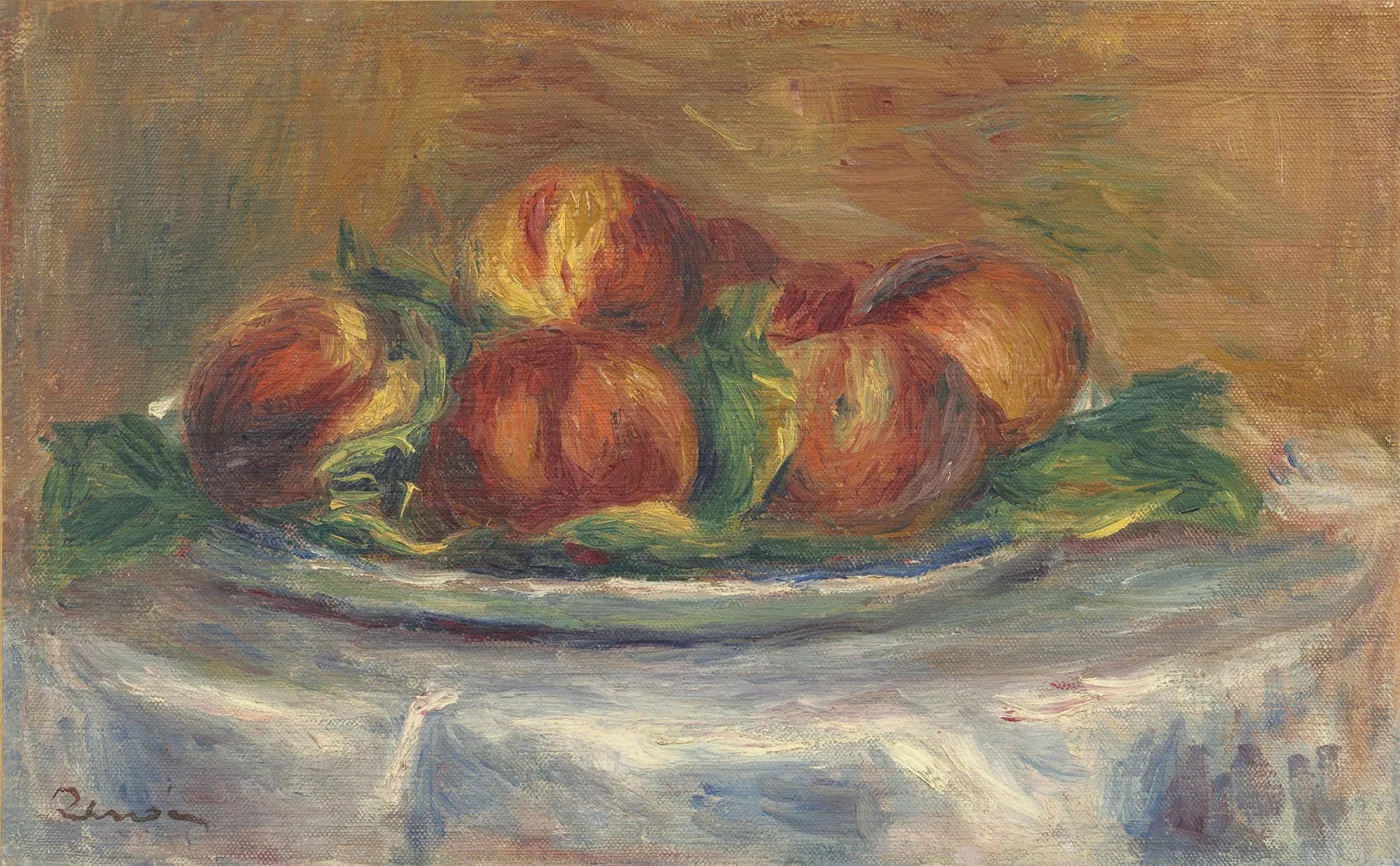 Red-orange peaches with green leaves rest on a plate atop a white tablecloth, against a warm gold background.