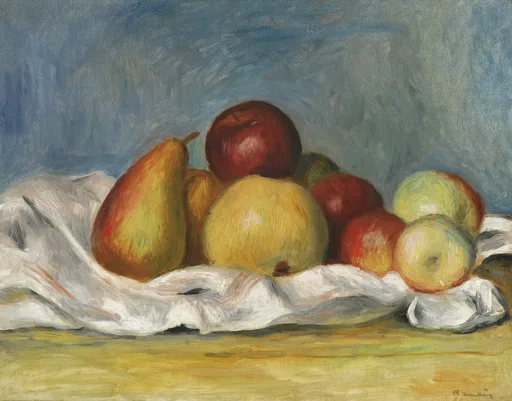 Pears and red-yellow apples are heaped on a white cloth against a blue-grey background.