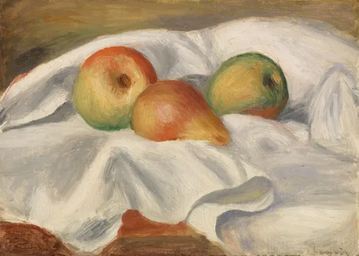 Three pears in orange and yellow-green tones rest on a rumpled white cloth.