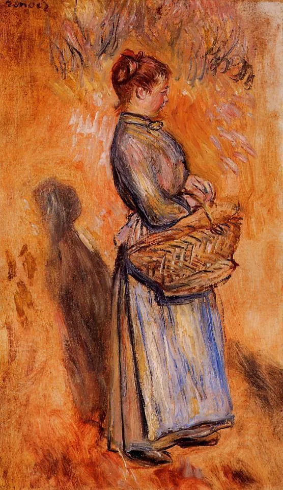A peasant woman in profile carries a woven basket, wearing a blue and white striped apron, against a warm orange background.